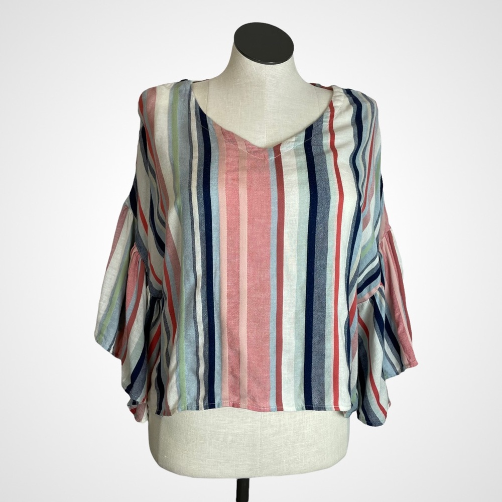 Susina Wide Sleeve Blouse Striped Pink Blue Relaxed Fit V-Neck‎ Top Size Large